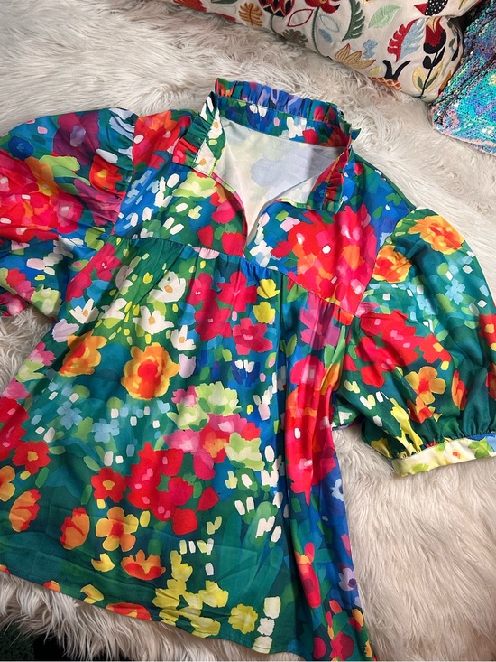 Boutique Tops - Floral Puff Sleeve Mandarin Collar Ruffle Blouse